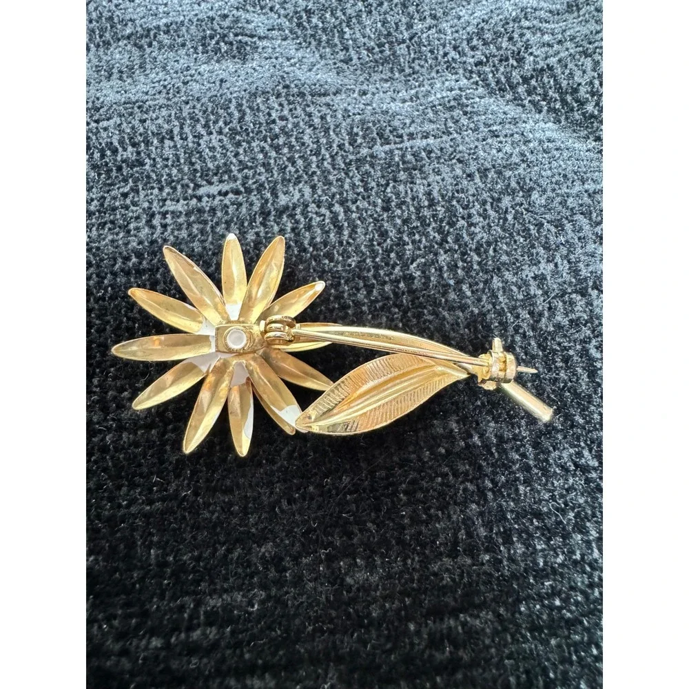 Vintage Enamel Flower Brooch Brown Green Gold Tone Mid Century Floral Pin 2.25